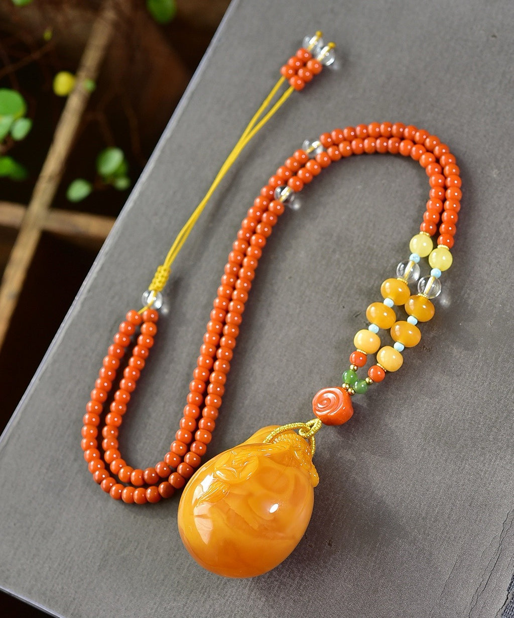 Natural Chicken-Fat Yellow Amber Lucky Bag Pendant Necklace