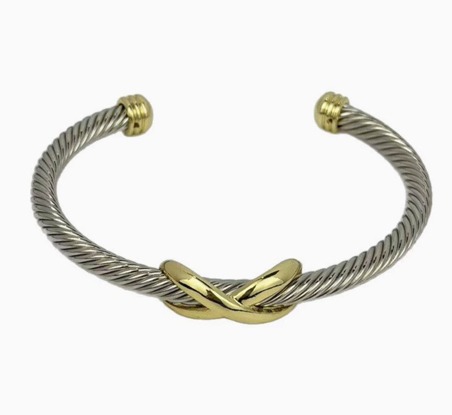 Two-tone twisted braided open stainless steel bracelet