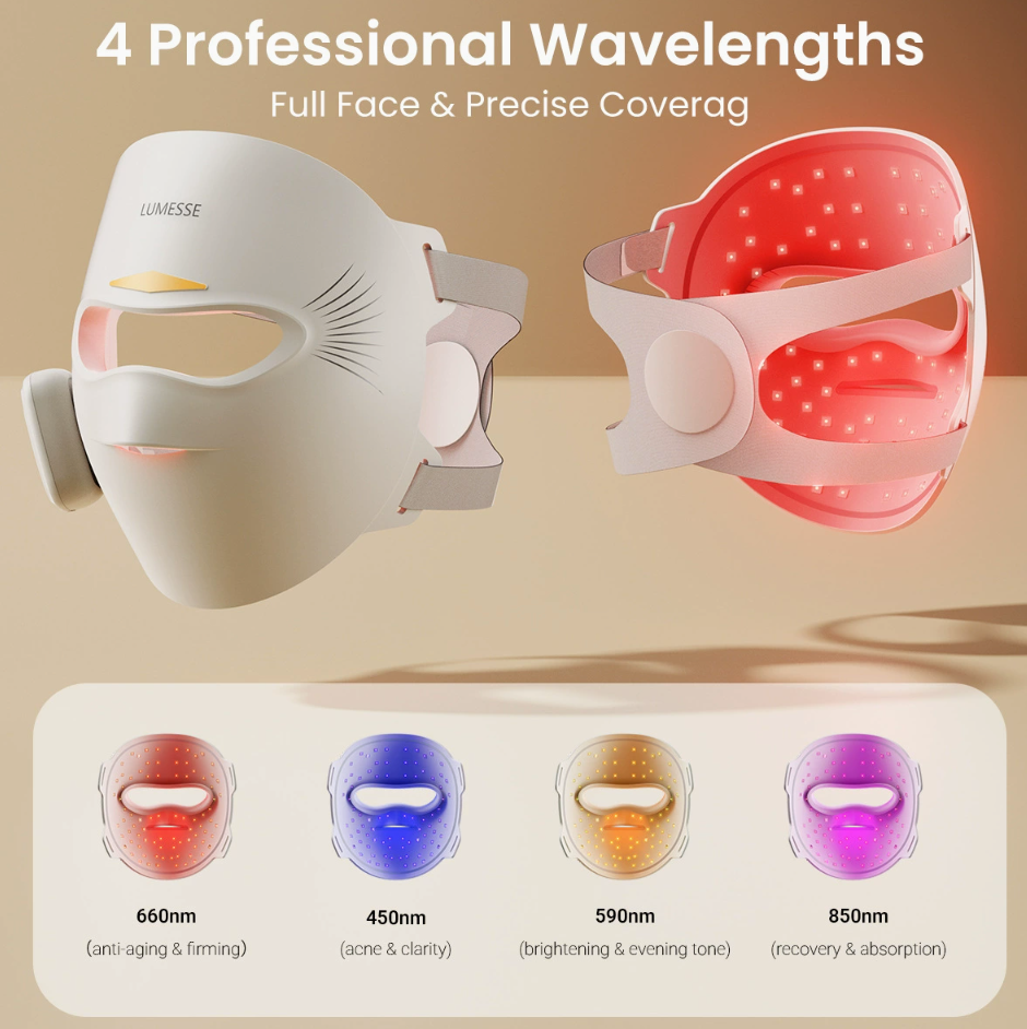 LUMESSE Red Light Therapy Mask for Face, 3D Silicone Wireless LED mask,4-in-1 Red Blue Infrared Violet Light Therapy for Glowing Skin, Rechargeable Portable Skincare Device for Home & Travel