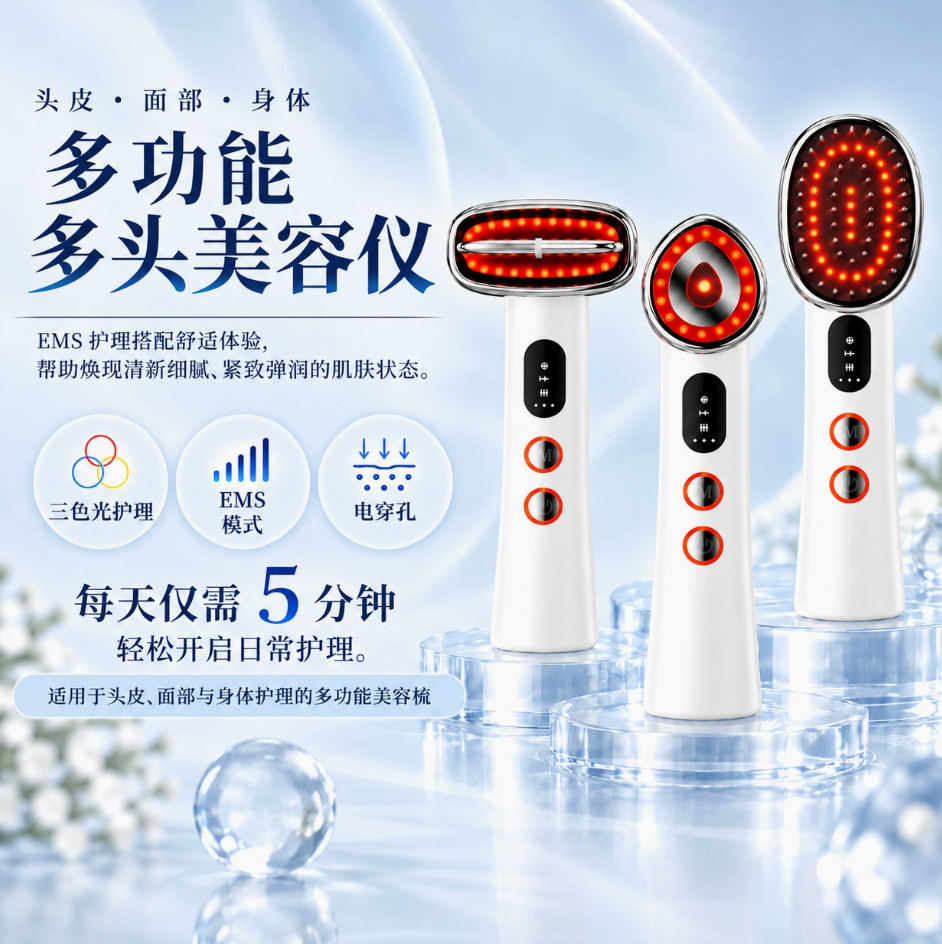 Electric Hot Cold Red Light Facial Beauty Stick, 3-in-1 Replaceable Heads Home Skin Care Essence Introduction Massager