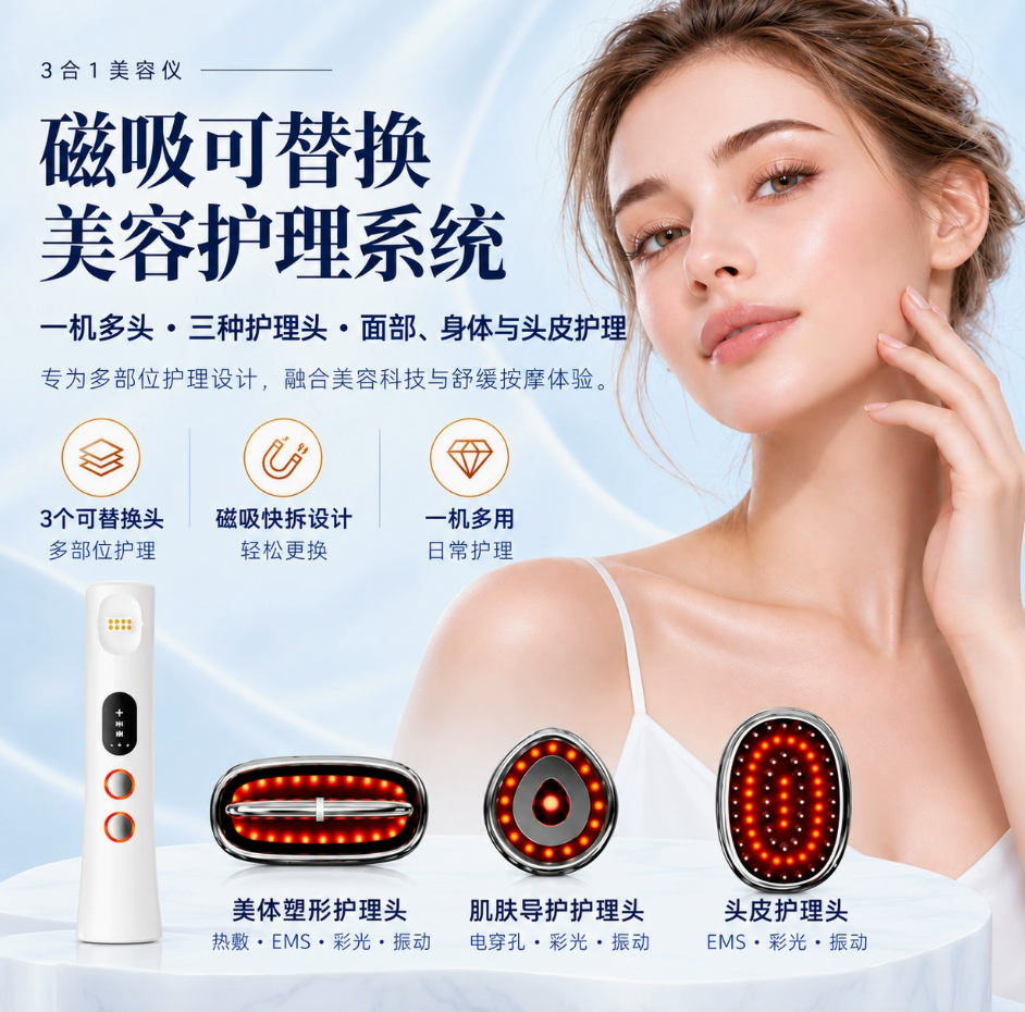 Electric Hot Cold Red Light Facial Beauty Stick, 3-in-1 Replaceable Heads Home Skin Care Essence Introduction Massager